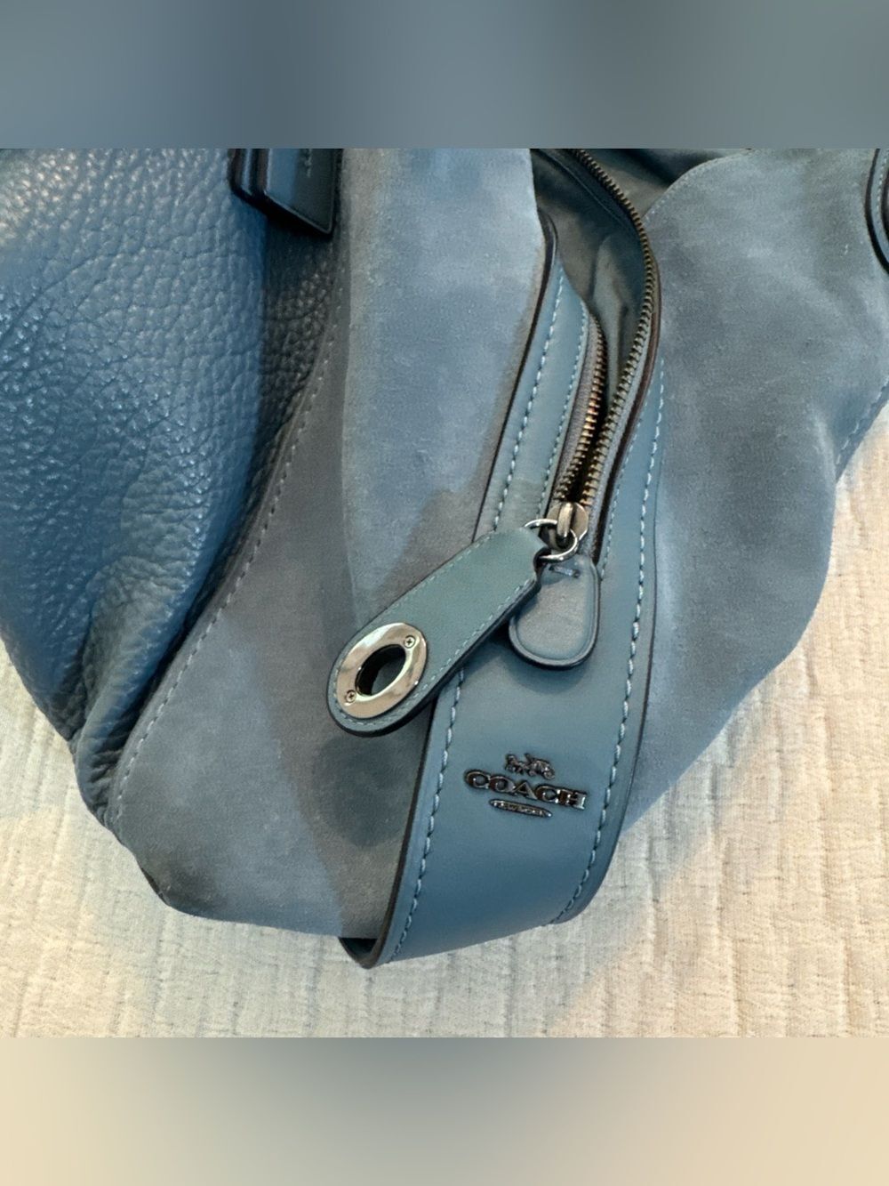 Coach Edie 42 Buffalo-Embossed Mixed Leathers Blue Large Shoulder Bag - Picture 9 of 16